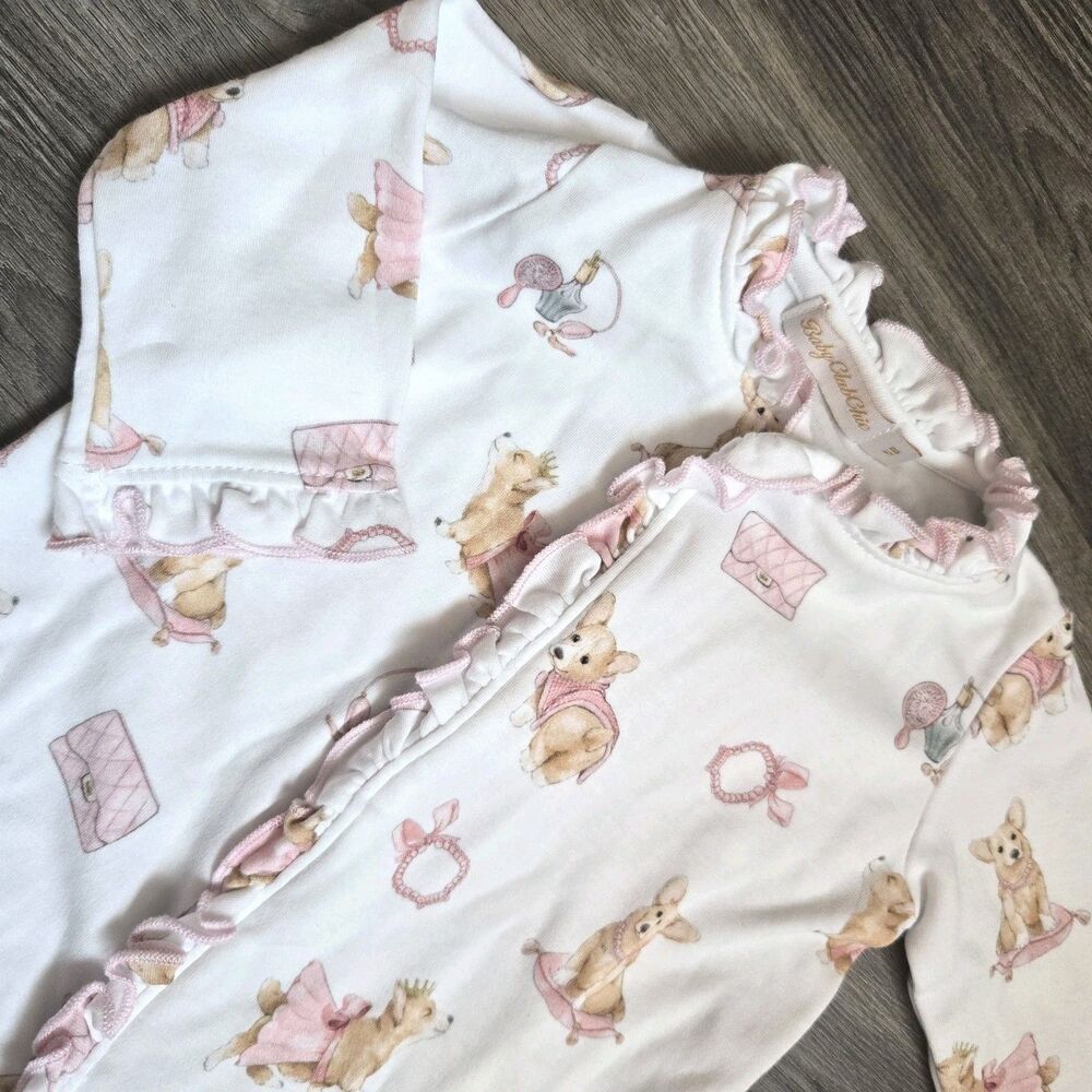 Baby Club Chic Pima Cotton NB Romper Corgi Pink White Footie Jumpsuit Newborn NB